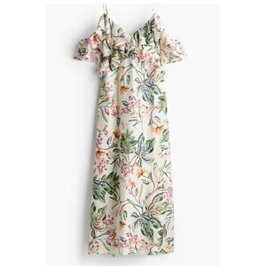H&M Tropical Floral Ruffle Maxi Dress Cream Green Pink Med boho whimsi cottage